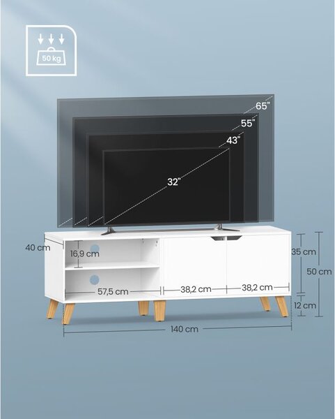Moderní bílý TV stolek s policemi a dvířky, 140x40x45 cm