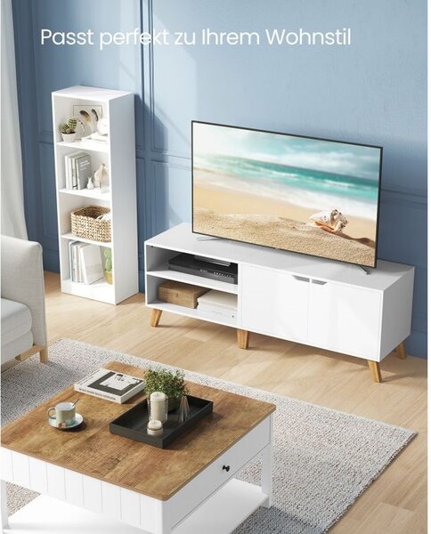 Moderní bílý TV stolek s policemi a dvířky, 140x40x45 cm