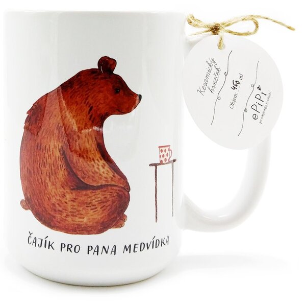 Keramický hrnek ePiPí Čaj pro pana medvídka, bílý, český design, autorská ilustrace, 450 ml