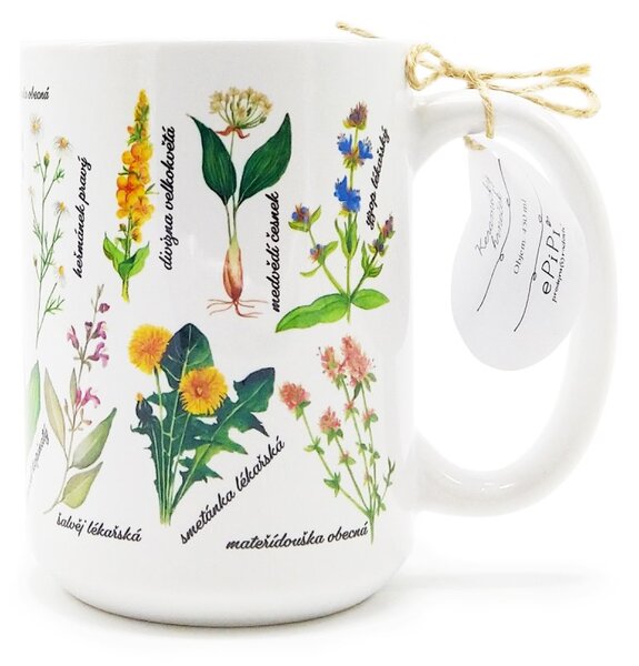 Keramický hrnek ePiPí Bylinky, bílý, český design, ilustrace bylinek, 450 ml