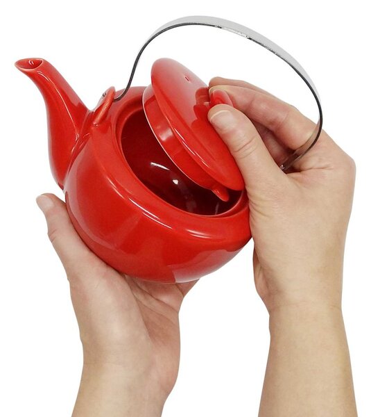 Porcelánová čajová souprava T Bar Vica, červená, konvice 0,6 l a 2 šálky, s nerezovým držadlem