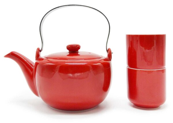 Porcelánová čajová souprava T Bar Vica, červená, konvice 0,6 l a 2 šálky, s nerezovým držadlem