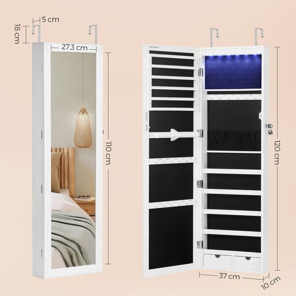 Bílá závěsná šperkovnice se zrcadlem a LED světlem