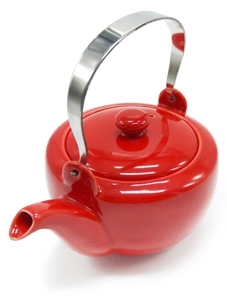 Porcelánová čajová souprava T Bar Vica, červená, konvice 0,6 l a 2 šálky, s nerezovým držadlem