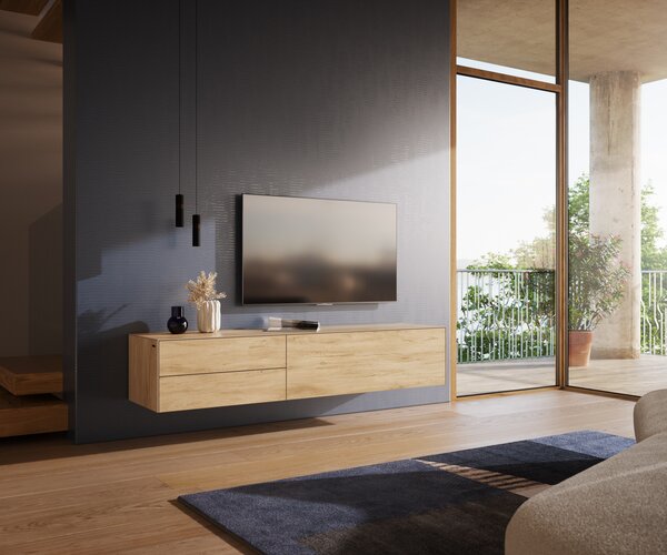 DELIFE TV stolek Cuor 180 cm keramika Laminam® Sabbia dubová 1 výklopná dvířka 2 zásuvky závěsný