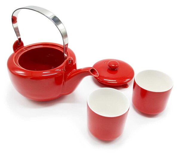 Porcelánová čajová souprava T Bar Vica, červená, konvice 0,6 l a 2 šálky, s nerezovým držadlem