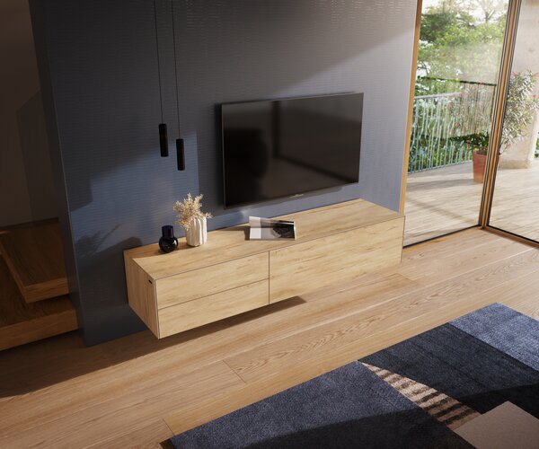 DELIFE TV stolek Cuor 180 cm keramika Laminam® Sabbia dubová 1 výklopná dvířka 2 zásuvky závěsný