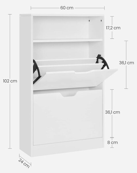Bílý botník s výklopnými dvířky a policí 60x24x102cm