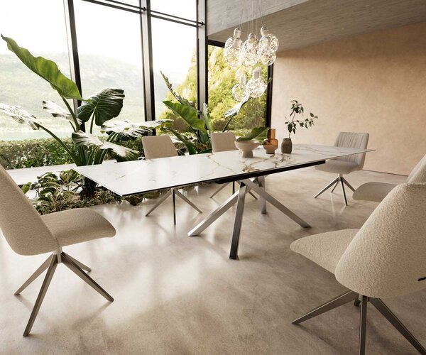 DELIFE Jídelní stůl Edge 200-300x100 keramika Calacatta Luxe bílá-zlatá-šedá křížová podnož obdélníkový nerezová ocel rozkládací