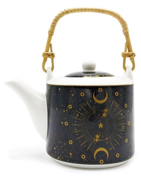 Porcelánová čajová souprava Easy Life Celestial, černo-zlatá, konvice 0,6 l a 2 šálky, s nerezovým sítkem