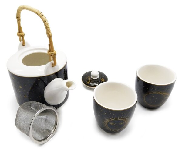 Porcelánová čajová souprava Easy Life Celestial, černo-zlatá, konvice 0,6 l a 2 šálky, s nerezovým sítkem