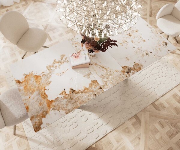DELIFE Jídelní stůl Edge 180-220x100 keramika Minas Melange bílá béžová křížová podnož obdélník nerezová ocel rozkládací
