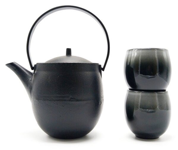 Litinová čajová souprava Bredemeijer Sendai, černá, konvice 1,2 l a 2 porcelánové šálky, s nerezovým sítkem