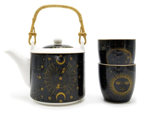 Porcelánová čajová souprava Easy Life Celestial, černo-zlatá, konvice 0,6 l a 2 šálky, s nerezovým sítkem