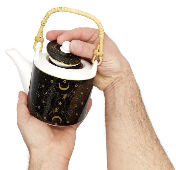 Porcelánová čajová souprava Easy Life Celestial, černo-zlatá, konvice 0,6 l a 2 šálky, s nerezovým sítkem