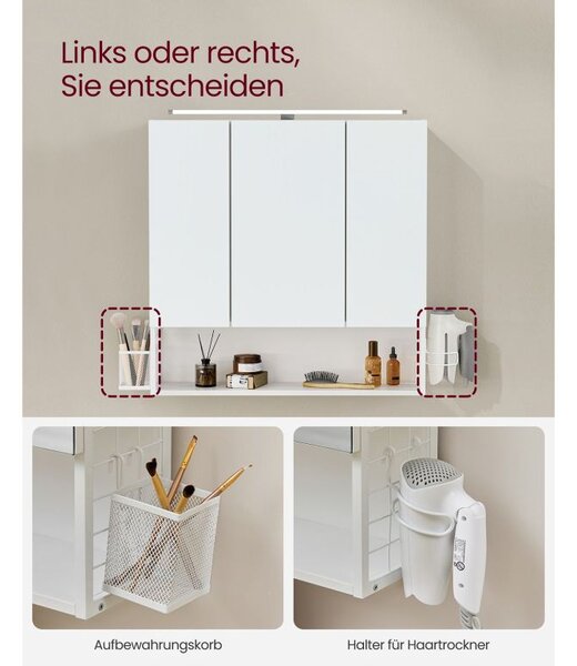 Bílá koupelnová skříňka se zrcadly a LED světlem 70 × 70 cm