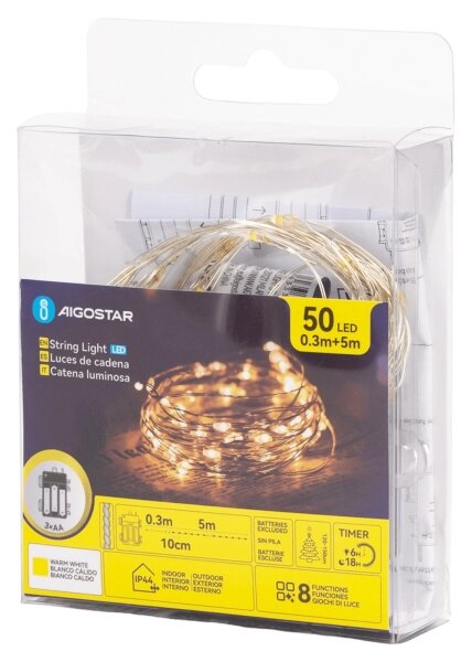 Aigostar - LED řetěz 50xLED/3xAA 5,3m teplá bílá