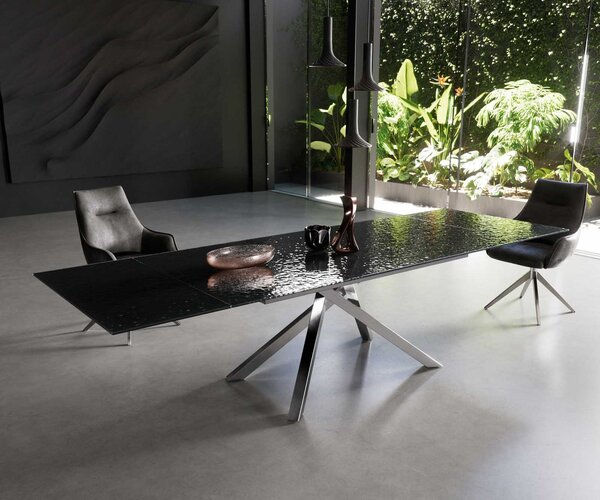 DELIFE Jídelní stůl Edge 200-300x100 sklo s reliéfem kouřově černé 3D design křížová podnož obdélník nerezová ocel rozkládací