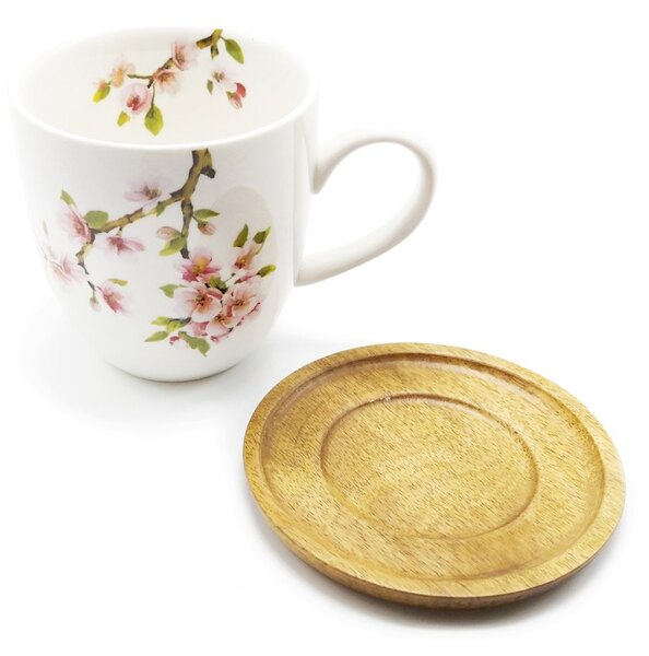 Porcelánový hrnek Easy Life Sakura, bílý, akáciový podšálek, motiv sakury, 350 ml