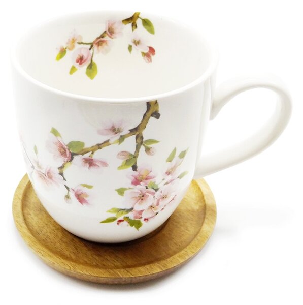 Porcelánový hrnek Easy Life Sakura, bílý, akáciový podšálek, motiv sakury, 350 ml