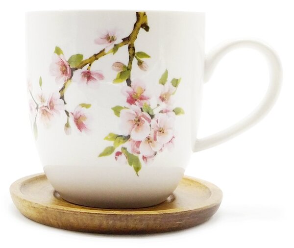 Porcelánový hrnek Easy Life Sakura, bílý, akáciový podšálek, motiv sakury, 350 ml
