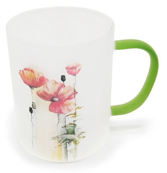 Skleněný hrnek Srdeční záležitost Máky, čirý, matné sklo, autorský motiv, 400 ml