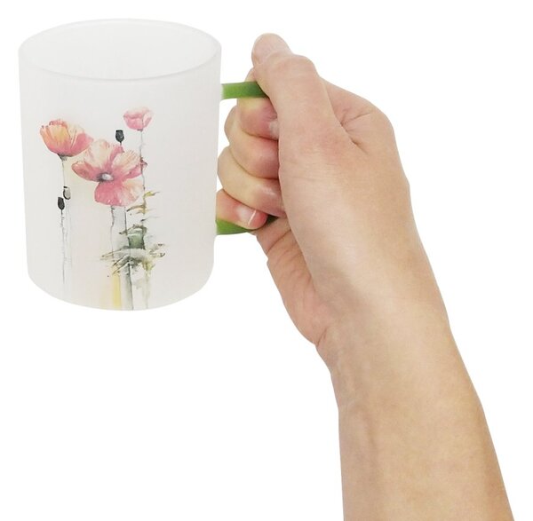 Skleněný hrnek Srdeční záležitost Máky, čirý, matné sklo, autorský motiv, 400 ml