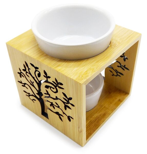 Klasická aromalampa ITEM Strom života, na vosky i oleje, dřevo/porcelán, bílá