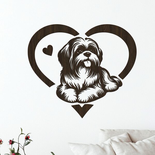 Dřevěný obraz ležícího SHIH TZU v srdci | Rozměry (cm): 40x35 | Zvolte barvu dekoru: Ořech
