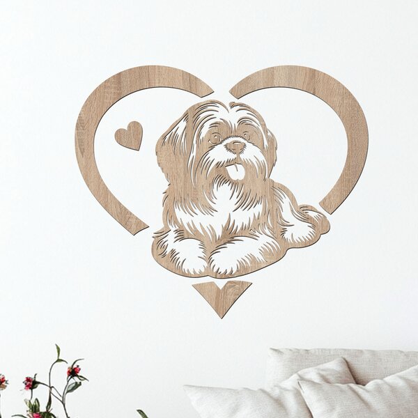 Dřevěný obraz ležícího SHIH TZU v srdci | Rozměry (cm): 40x35 | Zvolte barvu dekoru: Ořech