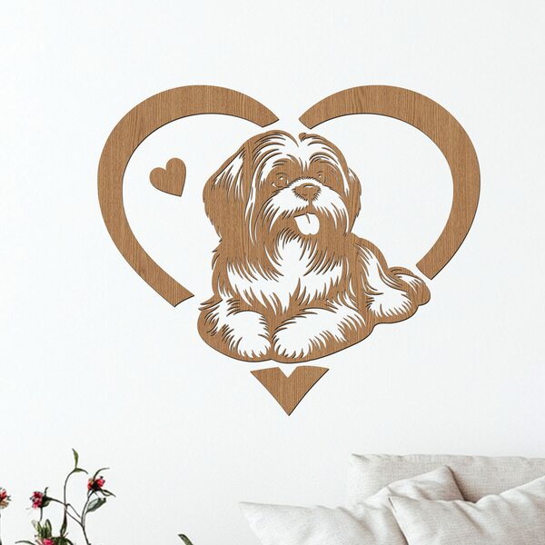 Dřevěný obraz ležícího SHIH TZU v srdci | Rozměry (cm): 40x35 | Zvolte barvu dekoru: Ořech