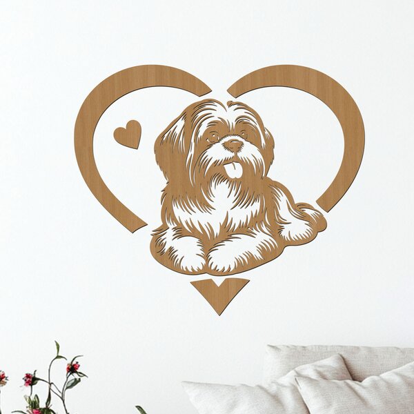 Dřevěný obraz ležícího SHIH TZU v srdci | Rozměry (cm): 40x35 | Zvolte barvu dekoru: Ořech
