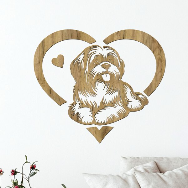 Dřevěný obraz ležícího SHIH TZU v srdci | Rozměry (cm): 40x35 | Zvolte barvu dekoru: Ořech