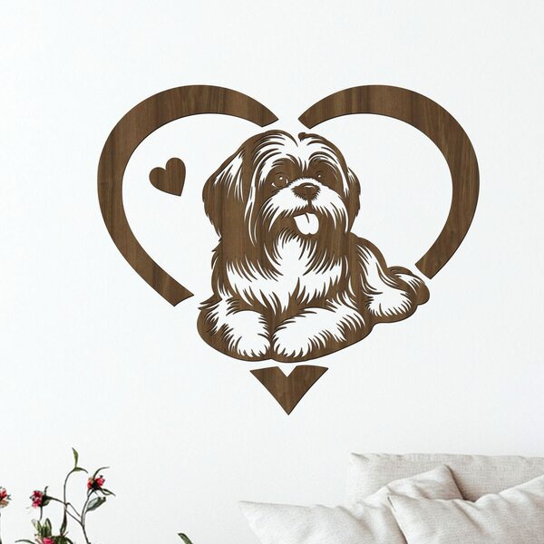 Dřevěný obraz ležícího SHIH TZU v srdci | Rozměry (cm): 40x35 | Zvolte barvu dekoru: Ořech