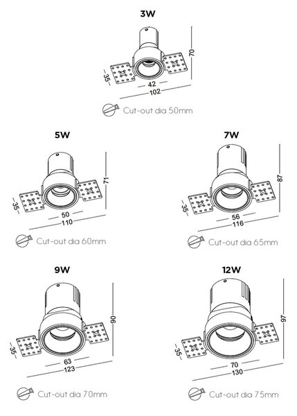 Trimless Spotlight Deep LED zápustné svítidlo 3WPevná