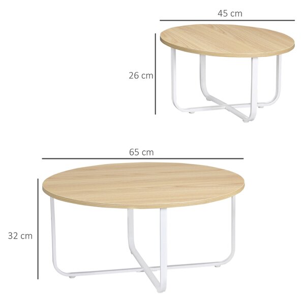 HOMCOM Sada 2 konferenčních stolků Ø65x32 cm a Ø45x26 cm - Kulaté stoly do obývacího pokoje s dřevěnou vrchní partií a kovovými nohami v přírodní a bí