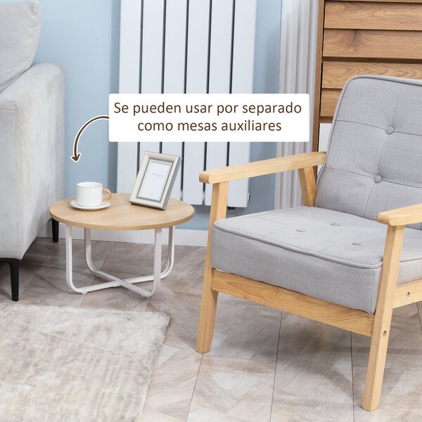 HOMCOM Sada 2 konferenčních stolků Ø65x32 cm a Ø45x26 cm - Kulaté stoly do obývacího pokoje s dřevěnou vrchní partií a kovovými nohami v přírodní a bí