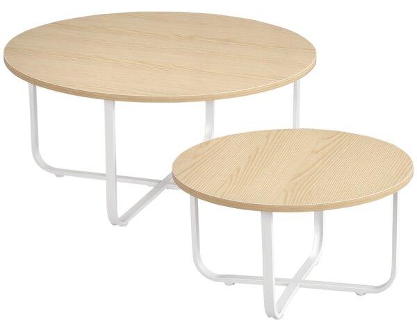 HOMCOM Sada 2 konferenčních stolků Ø65x32 cm a Ø45x26 cm - Kulaté stoly do obývacího pokoje s dřevěnou vrchní partií a kovovými nohami v přírodní a bí