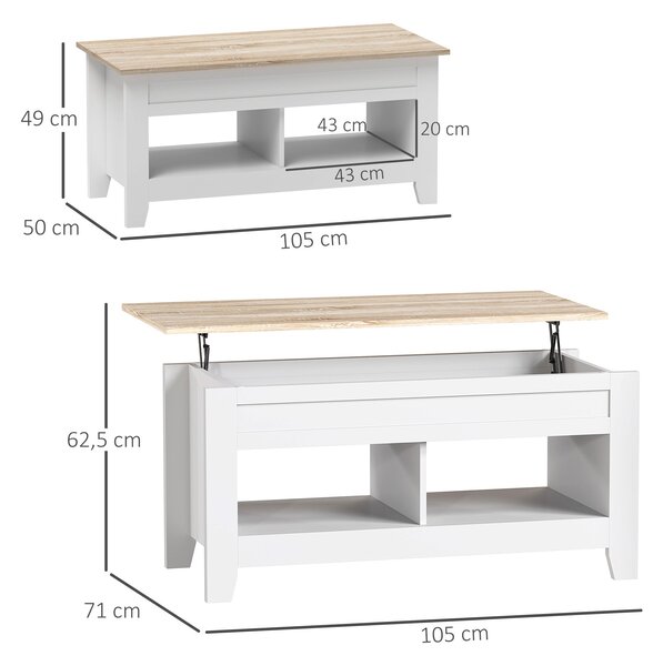 HOMCOM Konferenční stolek s výsuvným víkem, 2 otevřené přihrádky a skrytý úložný prostor 105x50x49 cm Bílá a přírodní | Aosom