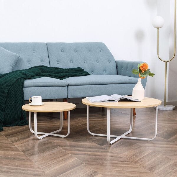 HOMCOM Sada 2 konferenčních stolků Ø65x32 cm a Ø45x26 cm - Kulaté stoly do obývacího pokoje s dřevěnou vrchní partií a kovovými nohami v přírodní a bí