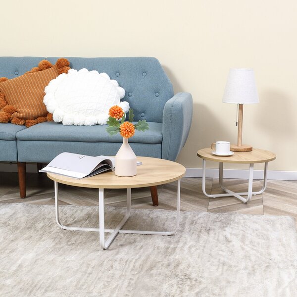 HOMCOM Sada 2 konferenčních stolků Ø65x32 cm a Ø45x26 cm - Kulaté stoly do obývacího pokoje s dřevěnou vrchní partií a kovovými nohami v přírodní a bí