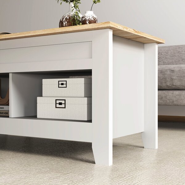 HOMCOM Konferenční stolek s výsuvným víkem, 2 otevřené přihrádky a skrytý úložný prostor 105x50x49 cm Bílá a přírodní | Aosom
