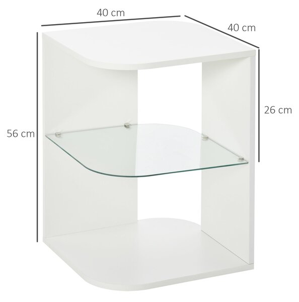HOMCOM Moderní stolek do obývacího pokoje s 3 policemi a skleněnou deskou, 40x40x56 cm, bílý | Aosom