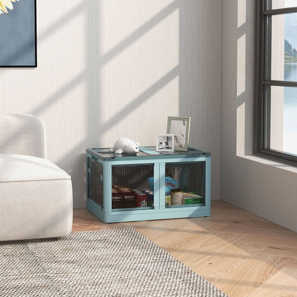 HOMCOM Skládací úložný box s víkem 69L Skládací organizér s koly Plastová krabice s 5stranným přístupem 60x42x34 cm Modrá | Aosom