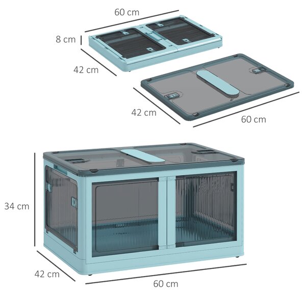HOMCOM Skládací úložný box s víkem 69L Skládací organizér s koly Plastová krabice s 5stranným přístupem 60x42x34 cm Modrá | Aosom