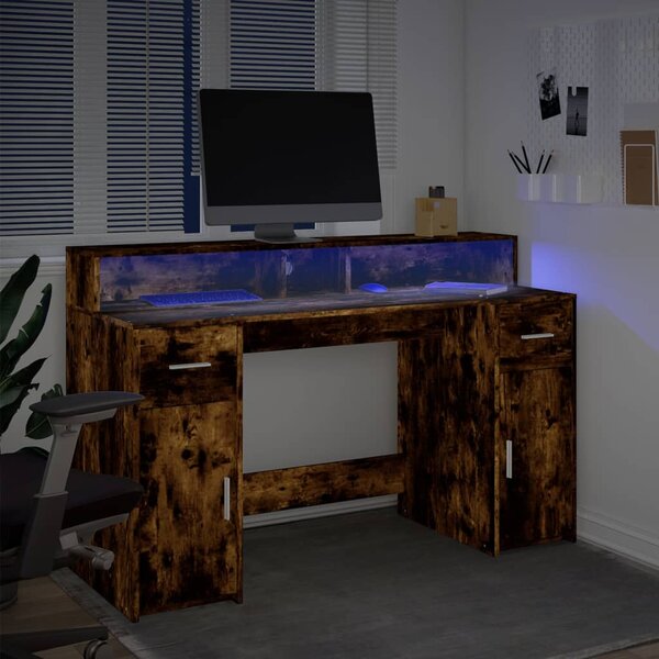 Psací stůl s LED kouřový dub 140 x 55 x 91 cm kompozitní dřevo 3309424