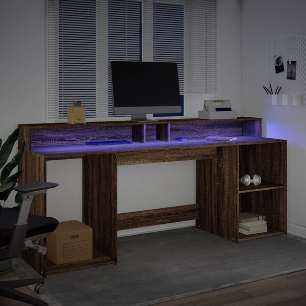 Psací stůl s LED světly hnědý dub 200x55x91 cm kompozitní dřevo 3309444