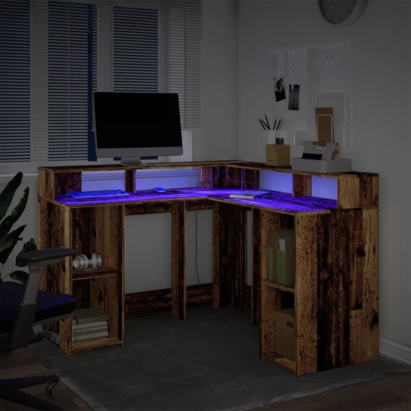 Psací stůl s LED světly old wood 130x130x91 cm kompozitní dřevo 3309454