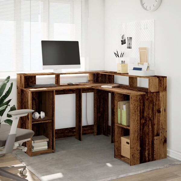 Psací stůl s LED světly old wood 130x130x91 cm kompozitní dřevo 3309454