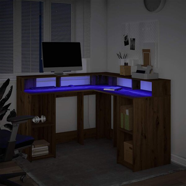 Psací stůl s LED dub artisan 130 x 130 x 91 cm kompozitní dřevo 3309455